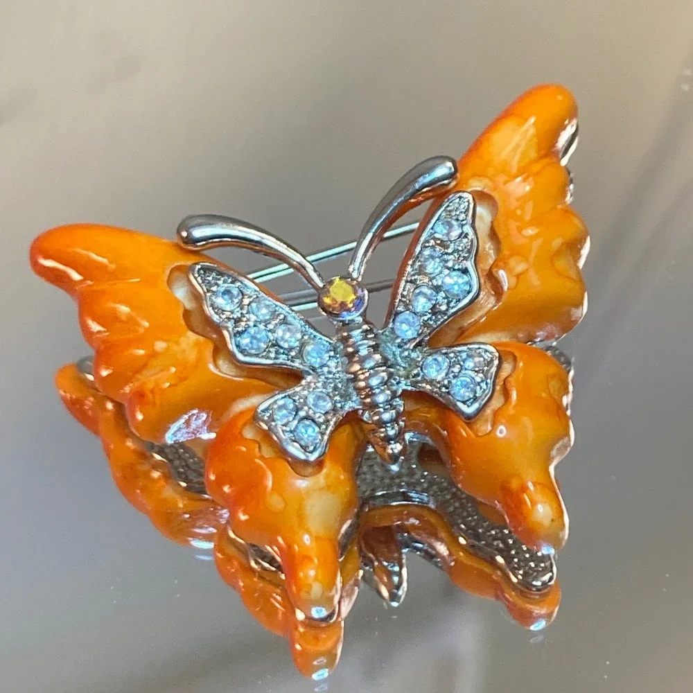 Orange Enamel Butterfly Brooch Rhinestone Silver Tone Insect Pin Marbled Wing